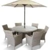LG Outdoor Monaco Sand 6 Seat Dining Set With Weave Lazy Susan And Parasol